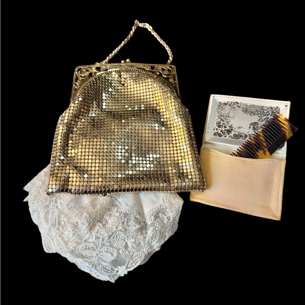 Whiting & Davis Shimmering Gold Mesh Clutch w/ mirror comb and handkerchief